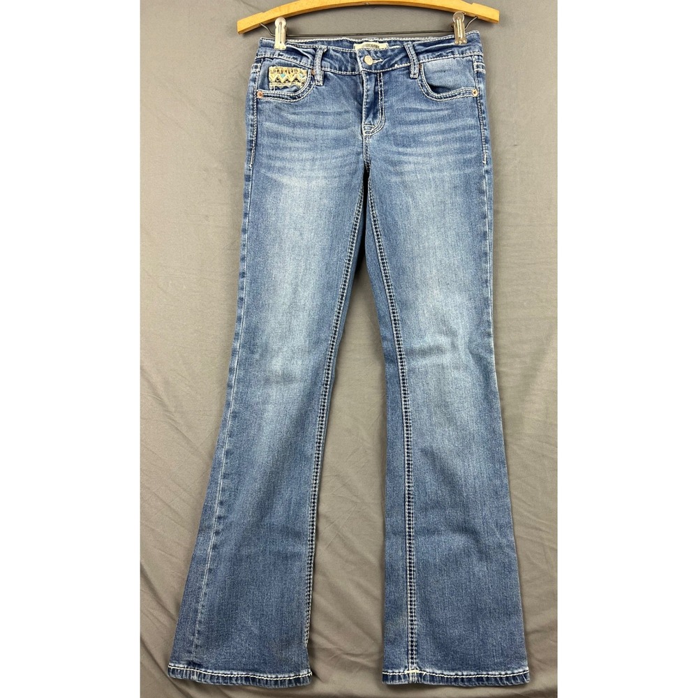 Rock & Roll Denim Bootcut Jeans Girls Size 14 Blue Embroidered Tribal Good